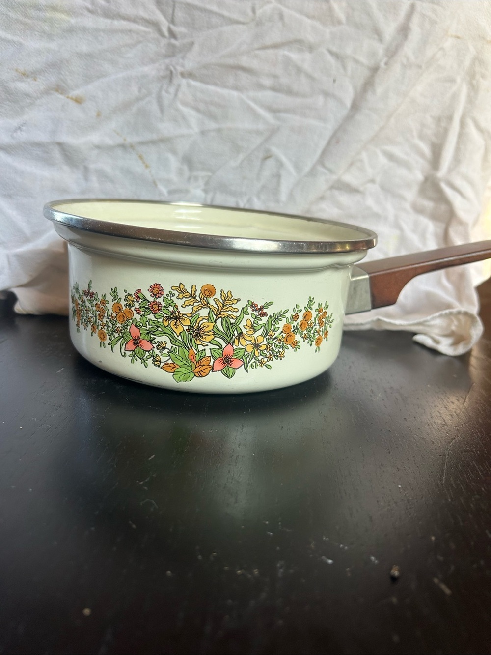 Vintage Floral White enameled Saucepan